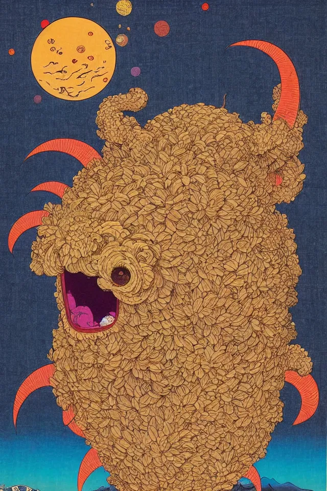 Prompt: an ukiyo - e painting of an intricate cute colorful fluffy dmt desert monster mask made out of burlap and coconut fiber, portal, floating in space, perfect lighting, in colorful marker pen, by kokaris, naoto hattori, moebius and android jones