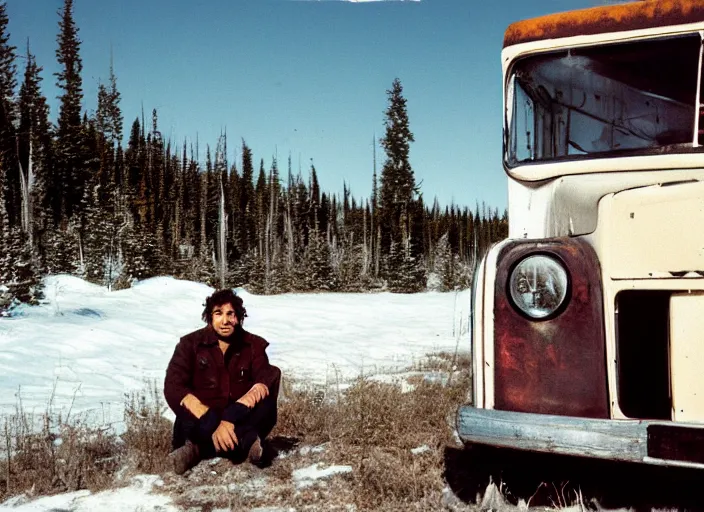 Image similar to Christopher McCandless sits in front of Fairbanks Bus 142, self-portrait photograph