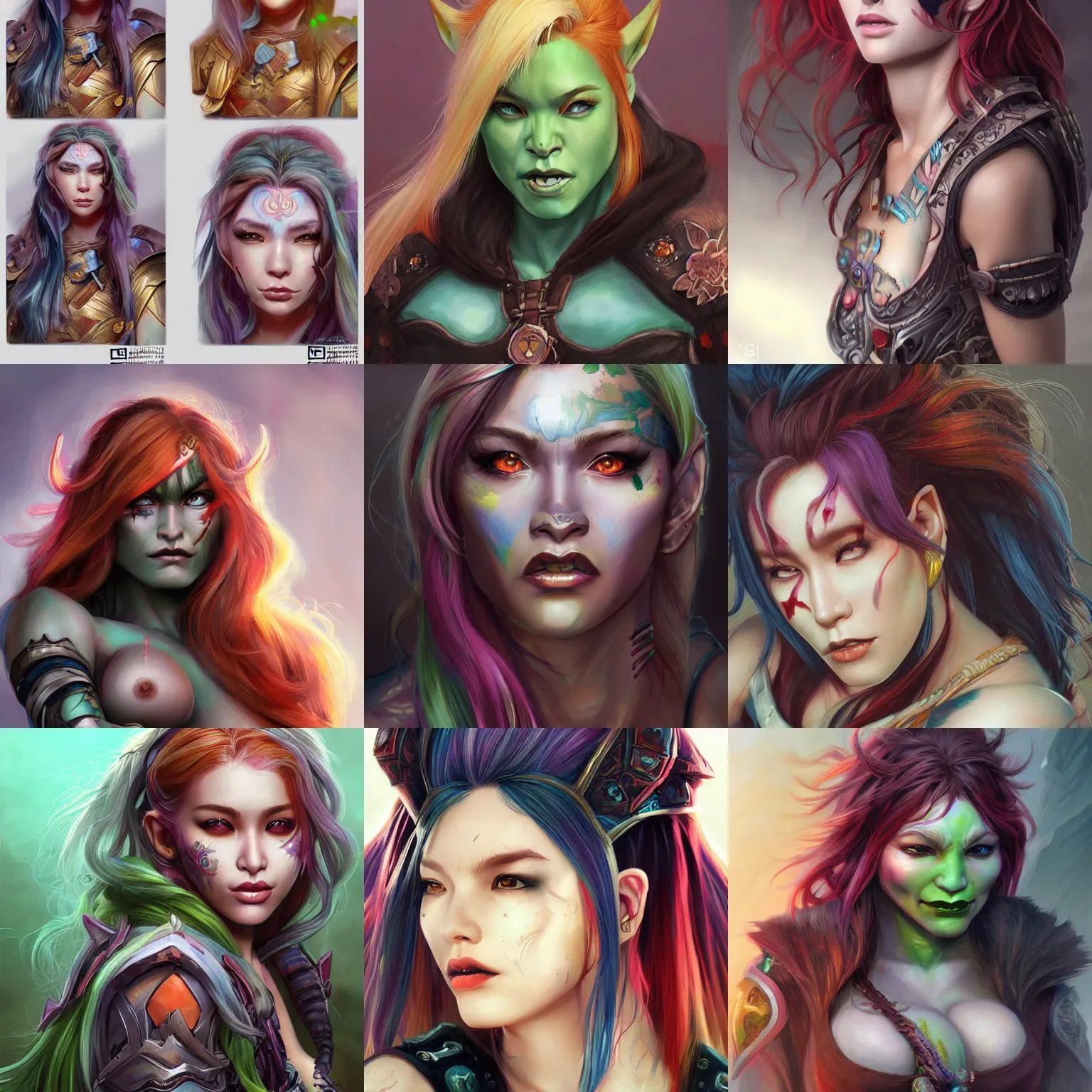 Prompt: beautiful orc girl with multicolored hair character portrait, concept art, intricate details, highly detailed photorealistic portrait in the style of adam hughes, seseon yoon, artgerm and warren louw
