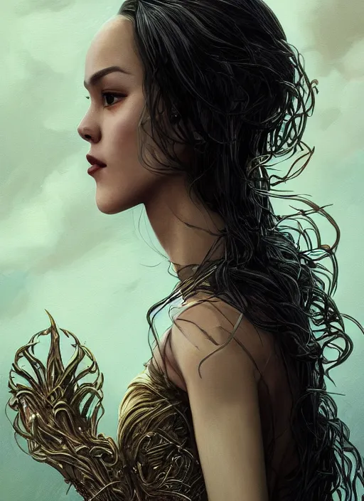 Image similar to portrait of Catriona Gray as a ever reaching Goddess of despair, cinematic, intricate story, blind and hungry souls around. a futuristic diety, fantasy, intricate, elegant, human anatomy, natural light, golden hour, highly detailed, digital painting, artstation, wide angle, smooth, sharp focus, illustration, art by brom, tian zi and WLOP and alphonse mucha, masterpiece, 3d blender, mitch foust, Clyde Caldwell, dof