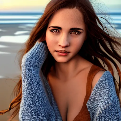 Prompt: real life photo of a beautiful girl, full body photoshoot, long brown hair, brown eyes, full round face, short smile, belly free, brown sweater, beach setting, cinematic lightning, medium shot, mid - shot, highly detailed, trending on artstation, unreal engine 4 k, 8 0 mm, 8 5 mm, cinematic wallpaper