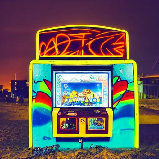 Image similar to a lonely arcade machine at night. beach buildings with graffiti in the background. photograph in the style of simon stalenhag