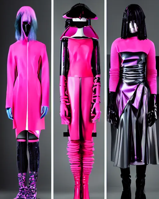 Prompt: an award winning fashion photograph for Balenciaga's cyberpunk Bladerunner 2049 fall line, dazzle camouflage!, dayglo pink, dayglo blue, raven black