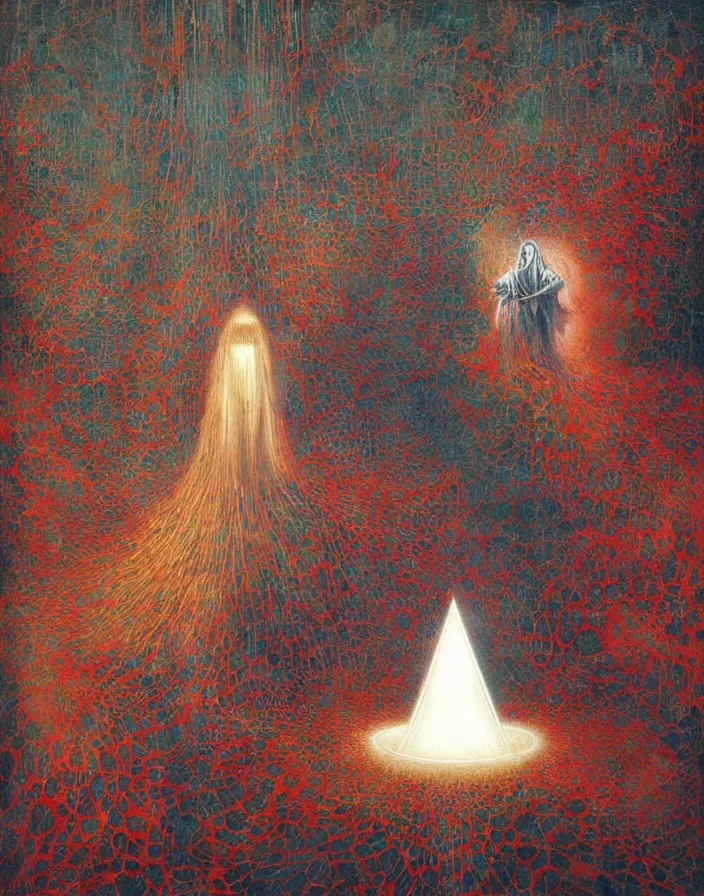 Prompt: worshippers in robes holding a very large crystal tesseract radiating white light, interior of a small room, glowing crystal tesseract!!!!!!!!!!!!!!!!!!, beksinski painting, part by adrian ghenie and gerhard richter. art by takato yamamoto. masterpiece, deep colours