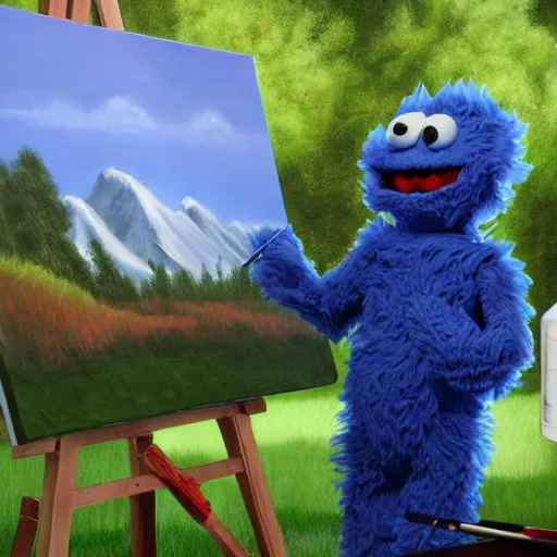 Image similar to a closeup photorealistic photograph of bob ross working on a canvas painting of cookie monster. film still. brightly lit scene. mountains and trees. this 4 k hd image is trending on artstation, featured on behance, well - rendered, extra crisp, features intricate detail, epic composition and the style of unreal engine.