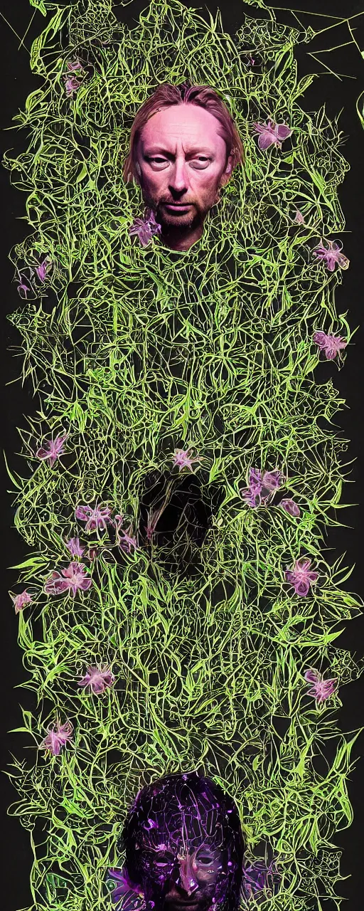 Image similar to disco diffusion portrait of Thom Yorke, hiding in the bushes looking shifty:: cosmic tarot card, intricate fractal details, broken physics, fanciful floral mandelbulb, black paper, style of wes anderson