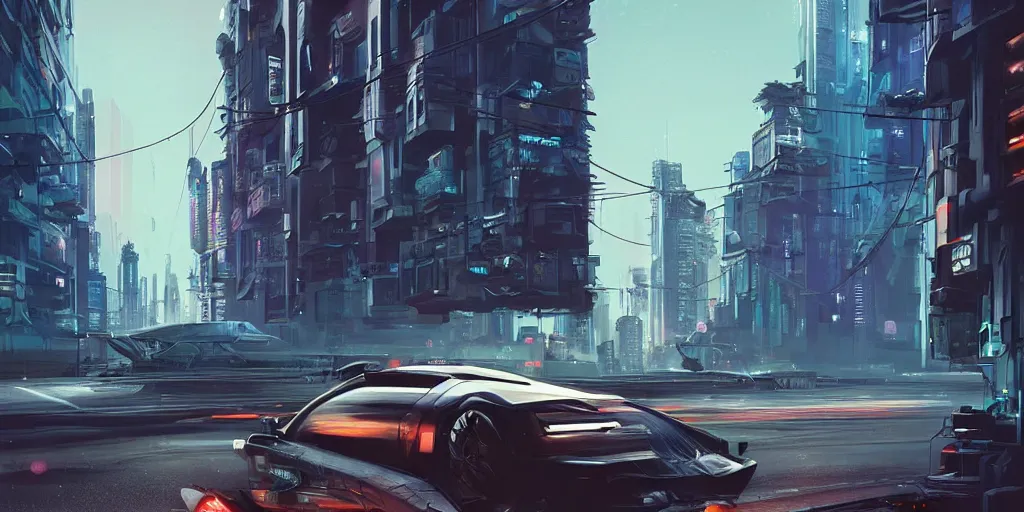 Image similar to a car driving down a street next to tall buildings, cyberpunk art by Vincent Lefevre, cgsociety, retrofuturism, matte painting, reimagined by industrial light and magic