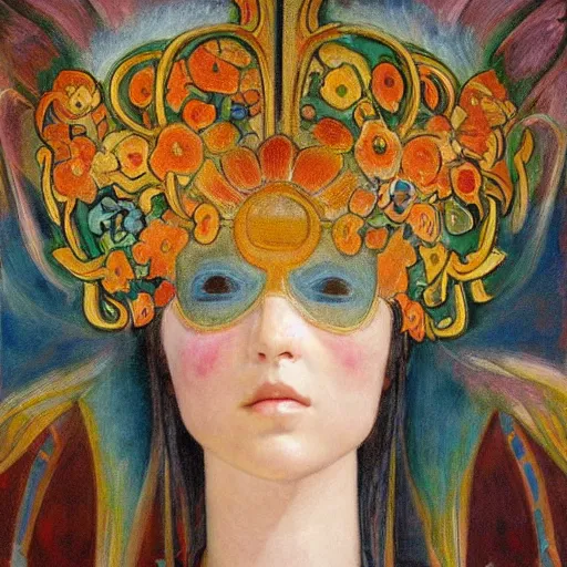 Prompt: masterpiece painting of a facemask made of stylized flowers, by annie swynnerton and jean delville and tino rodriguez and john watkiss and rufino tamayo, flower mask, art deco shaman, symbolist, dramatic lighting, god rays, elaborate geometric ornament, modern realism, clean crisp graphics, soft cool colors, smooth, sharp focus, extremely detailed