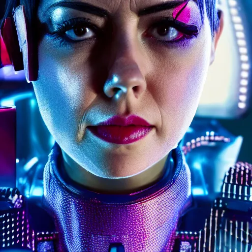 Prompt: hyper detailed, ultra sharp focus photo of aubrey plaza dressed as judy alvarez, cyberpunk, unreal engine, studio lighting, 8 k, dslr, 8 5 mm f / 1. 8 by sam shaw