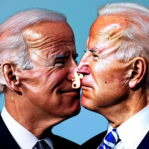 Prompt: joe biden kissing joe biden on his forehead, cute, gentle, lovely