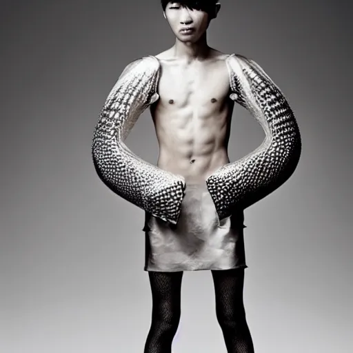 Image similar to a beautiful young japanese male wearing iris van herpen couture, photographed by erwin olaf