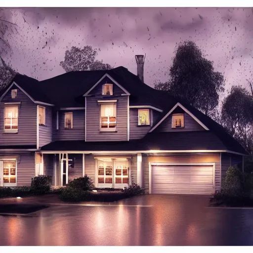 Image similar to Double story suburban house,it is raining, night time , peaceful atmosphere, moody lighting , digital art , highly detailed , high contrast, beautiful lighting, award winning , trending on art station, photorealistic, 8k