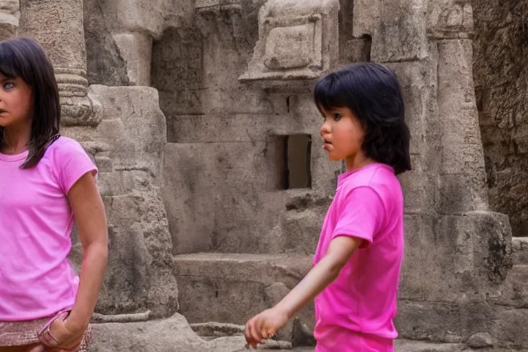 Prompt: Isabela Merced as Dora the Explorer wearing a pink shirt vs Angelina Jolie as Lara Croft wearing a white shirt standing in an ancient temple, high resolution movie still, film by Simon West