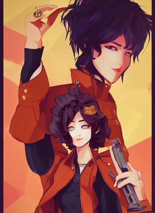 Image similar to full size persona, female sheriff, detail, ultra sharpness, beautiful female, detailed face, art by huyy nguyen, style by cain kuga, cowboy bebop art style, 3 2 beautiful color palettes with their corresponding gradient