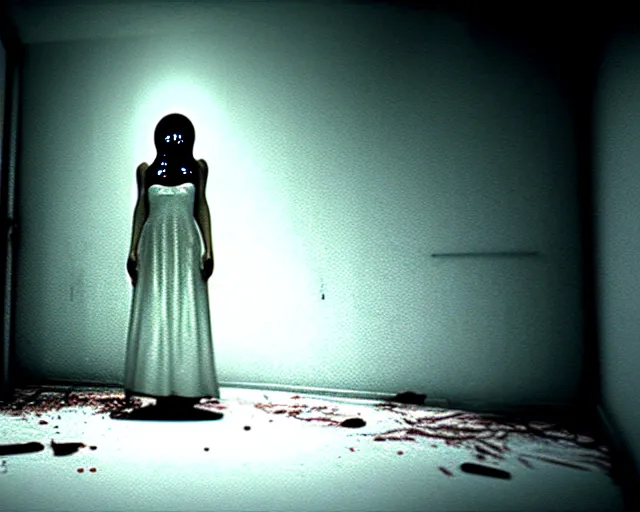 Prompt: creepy mangled woman wearing white dress standing in the backrooms, playable trailer, psychological horror, the eerie forlorn atmosphere of a place that's usually bustling with people but is now abandoned and quiet, buzzing fluorescent lights above the ceiling, unsettling images, liminal space, dark, silent hills, created by hideo kojima