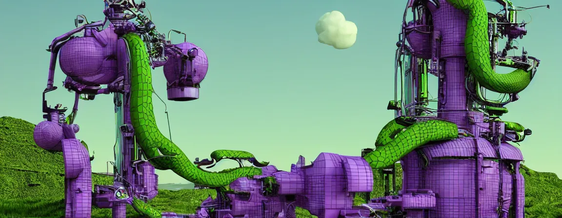 Image similar to a machine for making snake oil, purple and green, art by glenn fabry and ed roth, 3 d rendering by beeple, fine detail, 8 k, snake machine