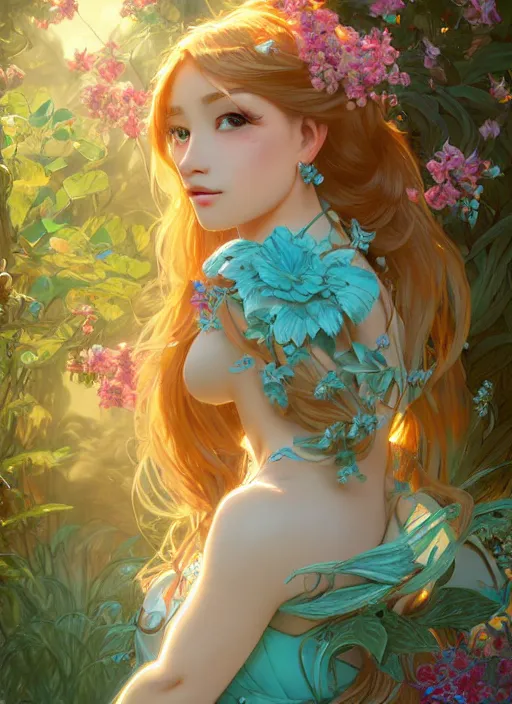 Image similar to beautiful girl with long turqoise hair in a garden, cute, intricate, highly detailed, digital painting, trending on artstation, concept art, smooth, sharp focus, backlit, rim light, vivid colors, illustration, unreal engine 5, 8 k, art by rossdraws and alphonse mucha
