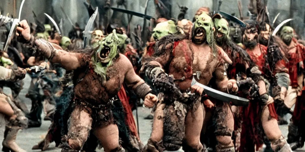 Image similar to A full color still from a Stanley Kubrick film featuring an actor dressed as angry Orcs, waving swords, closeup, 35mm, 1970