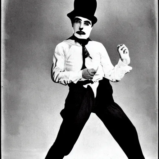 Image similar to Charlie Chaplin dancing, with hat, cane, shoes, moustache, 1920s vibes, black and white silent movie style, yellow infrared