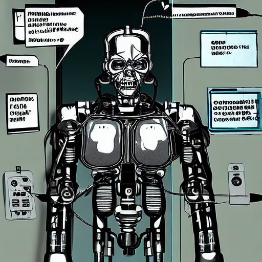 Prompt: the torso of a terminator with borg implants and a human face is hanging from cables and wires off the ceiling of an futuristic abandoned computer lab and plugged into a quantum computer. bottom half of the terminator's body is missing with cables sticking out. The Terminator is taking a sip from a cup of coffee. Tiny green led lights in the terminator's cybernetics. very detailed 8k. Cyberpunk horror style.