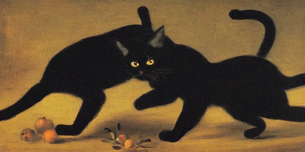 Prompt: painting of a cute Black Cat dancing like a ballerina by Rembrant.