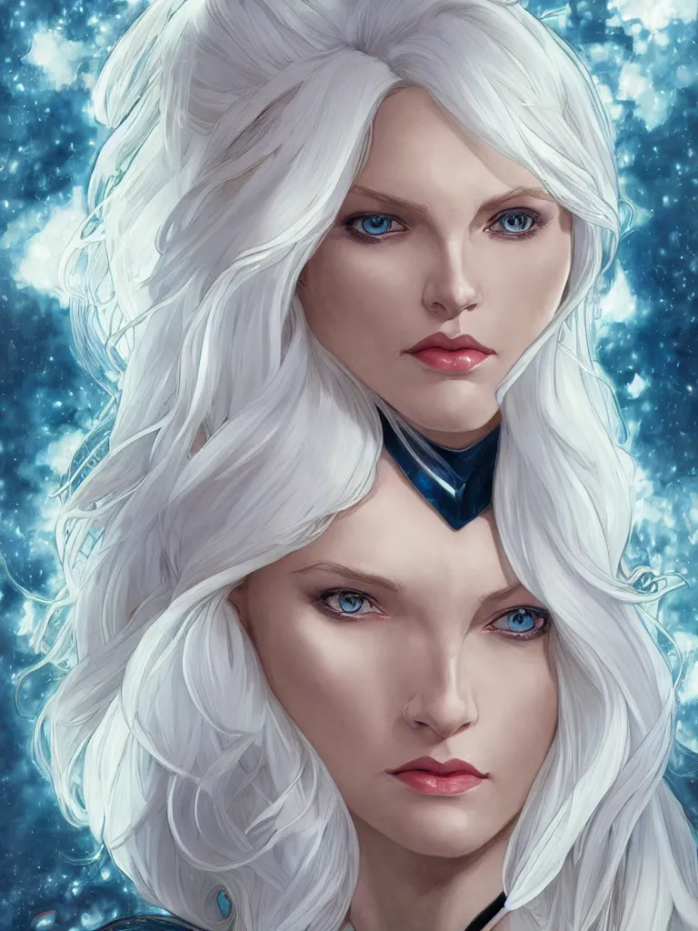 Prompt: portrait of emma frost, a beautiful woman in her 3 0 s, with white blonde hair and blue eyes, symmetrical face, detailed face, delicate features, smooth, sharp focus, illustration, art by artgerm and greg rutkowski and alphonse mucha,