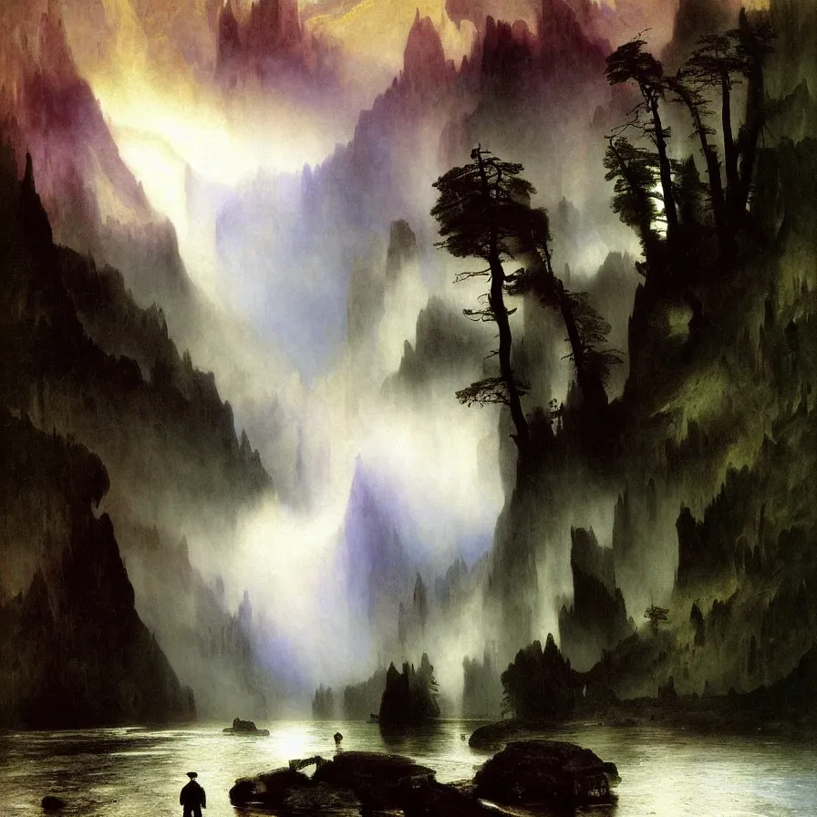 Prompt: artwork about a life of sad loneliness, painted by thomas moran and albert bierstadt. monochrome color scheme.