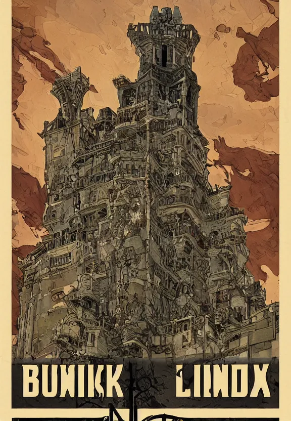 Image similar to [Art nouveau poster of a bunker adorned with gargoyles and checkered flags. Propaganda poster!, intricate, elegant, highly detailed, digital painting, artstation, concept art, matte, sharp focus, illustration, art by Enki Bilal and Moebius]