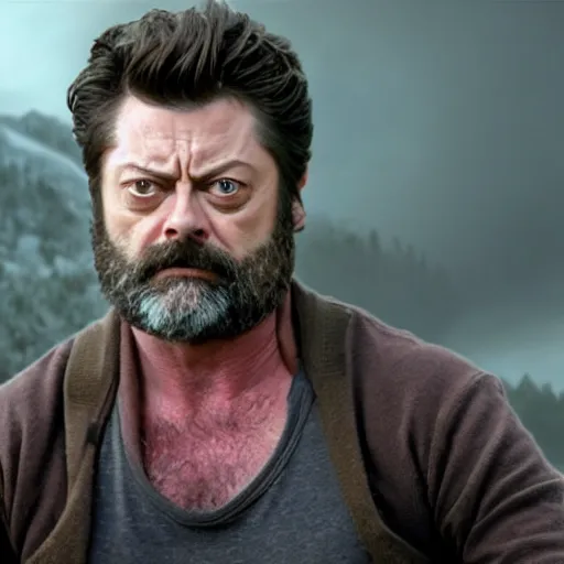 Image similar to nick offerman ( accurate face ) as wolverine, with wolverine claws, photorealistic logan movie still, highly detailed, 8 k