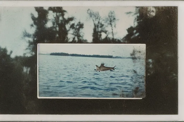 Image similar to old polaroid of a giant fish in the lake