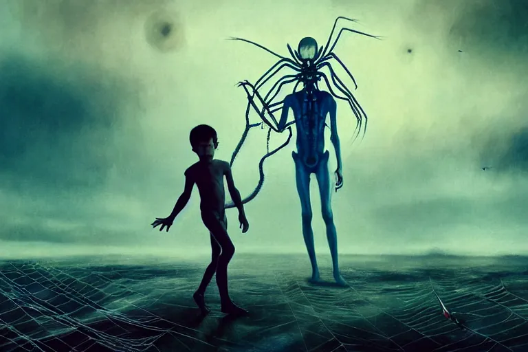 Image similar to realistic detailed photorealistic film portrait shot of a ghost kid playing with giant spider, futuristic sci-fi landscape on background by Denis Villeneuve, Amano, Yves Tanguy, Alphonse Mucha, Ernst Haeckel, Max Ernst, Andrei Tarkovsky, Edward Robert Hughes, Roger Dean, necklace, dynamic pose, rich moody colours, wide angle, blue eyes