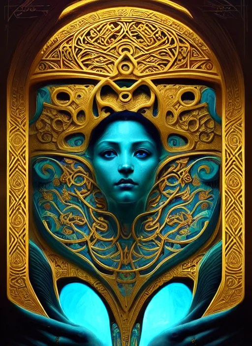 Image similar to ornate sacred sarcophagus, art nouveau hieroglyphics, cyan and gold palette, symmetry, fantasy, intricate, elegant, highly detailed, colorful, dark colors, dramatic shadow, digital painting, artstation, concept art, art by artgerm and greg rutkowski and ruan jia,