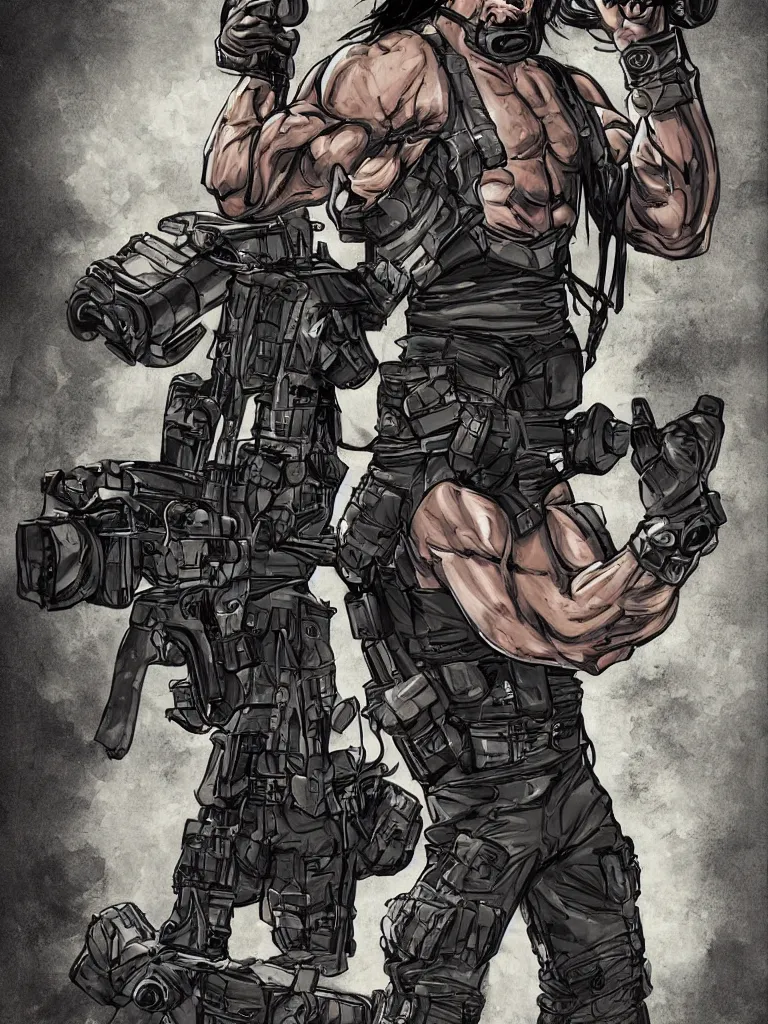 Image similar to muscular man, black vest with no shirt underneath, goggles around his neck, cargo pants, ammo belt, holding a blaster, long black hair in a ponytail, five o' clock shadow, comic book art, full body shot