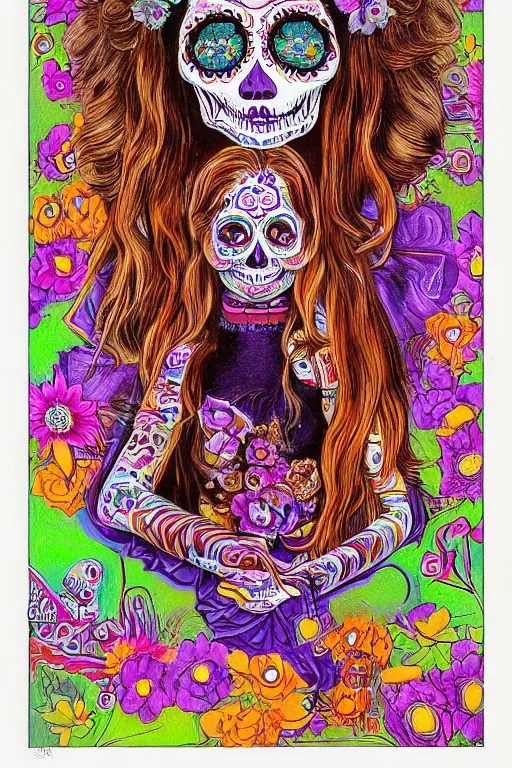 Image similar to realistic detailed psychedelic poster art of a cute Día de los Muertos girl by Victor Moscoso Rick Griffin Art Noveau, masterpiece