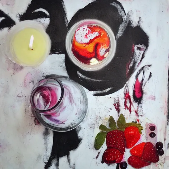 Prompt: “ sensual, neo - expressionism, surrealism, a portrait in a female art student ’ s apartment, pancakes, berries, art supplies, a candle dripping white wax, berry juice drips, acrylic and spray paint and oilstick on canvas ”