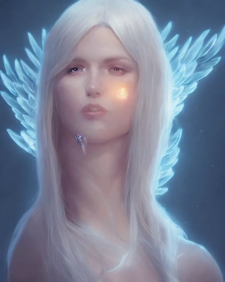 Prompt: portrait of a blonde fantasy goddess, white elegant clothing, glowing aura, angel wings, artstation, 4 k, greg rutkowski, concept art, matte painting