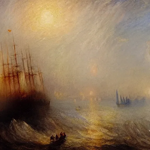 Prompt: high quality oil painting of a staten island ferry passing by the statue of liberty, by j. m. w. turner