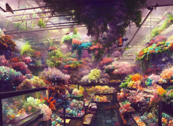 Image similar to bright cheery placid pastel deep cozy moody cluttered painterly fluffy tiny cramped live pet store, aisles of aquariums, slanted ceiling, tiny space, particulate, trending on pixiv