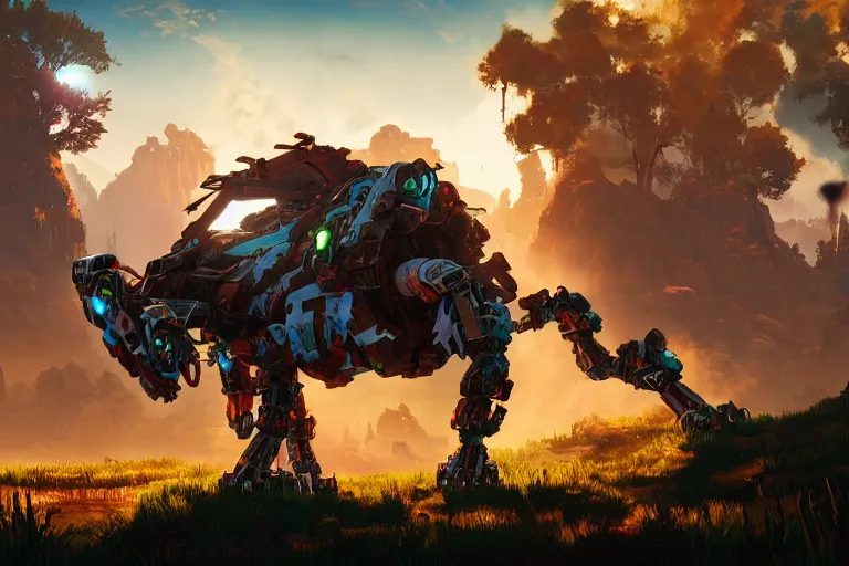 Image similar to grazer machine mecanical creature robot of horizon forbidden west horizon zero dawn bioluminiscence global illumination ray tracing hdr fanart arstation by ian pesty and alena aenami artworks in 4 k