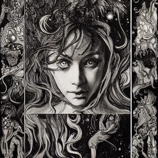 Prompt: many terrible eyes in space, fabulous illustrations, oil painting, symmetric, elegant, illustrations by irish fairy tales james stephens arthur rackham, 4k, 8k ,