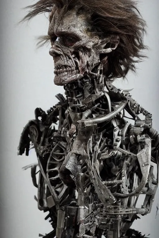 Image similar to grainy recovered photo of animatronic Willem Dafoe by Stan Winston studios trashed destroyed lying broken in a landfill post apocalyptic gloom discarded exposed inner machinery detailed