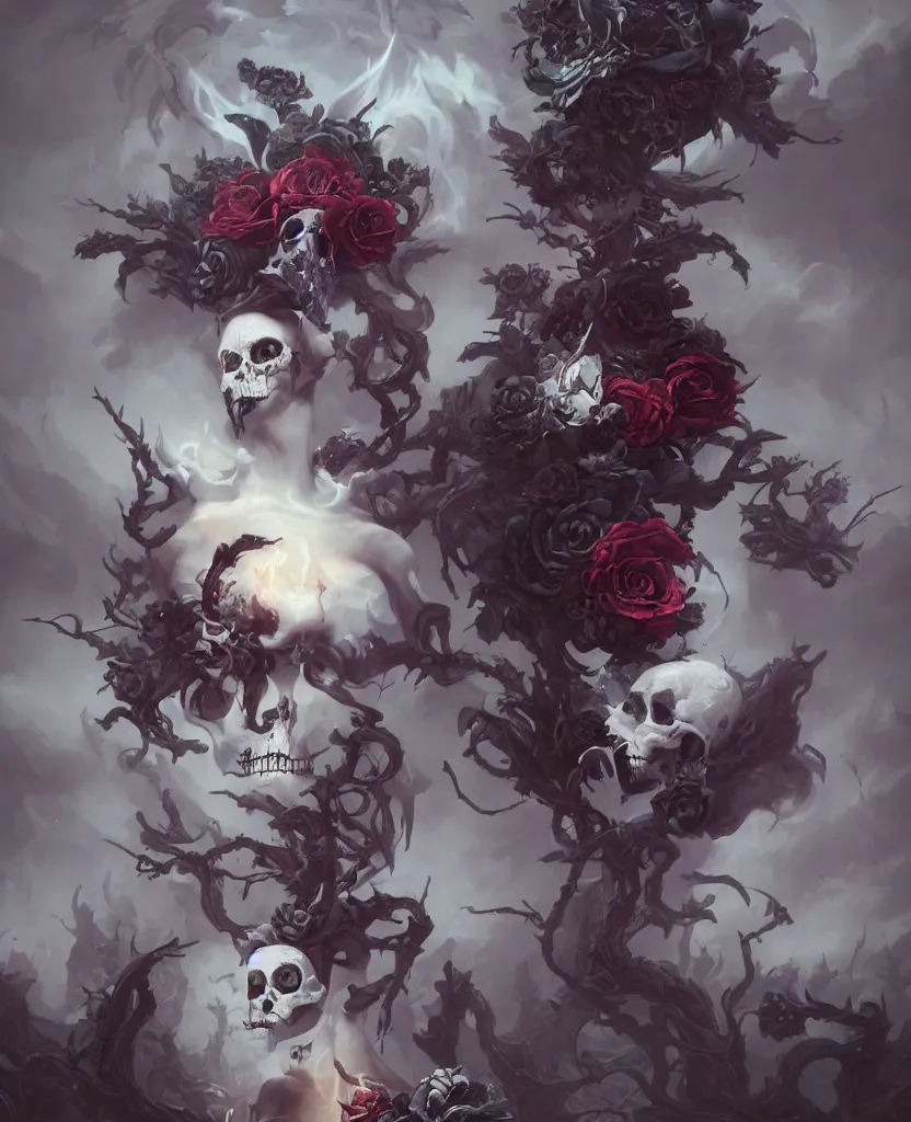 Image similar to a chaotic goddess of death skull black rose s day of the dead atmospheric, dramatic, concept art by Peter Mohrbacher hyperrealist, cinema4D, 8k highly detailed ❤️‍🔥 🔥 💀 🤖 🚀