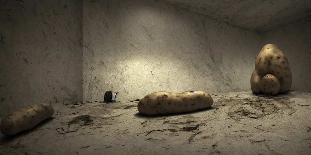 Prompt: potato, horror, dark cinematic, volumetric, realistic, 3d render, Realistic Render, Cinematic lighting, Volumetric lighting, atmospheric, cinematic, unreal engine, unreal engine render, octane render, HD, photorealism, hyper realistic, photo, 8K, in the style of Chris Cunnigham, by Wes Anderson