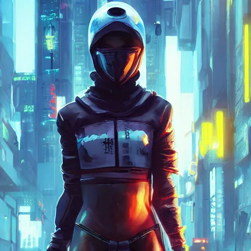 Image similar to movie still of stylized ninja - cyberpunk girl, wearing techwear and armor, complementary colors, beautiful realistic face, highly detailed, artstation, concept art, smooth, sharp focus, illustration, art by artgerm, by greg rutkowski, by jeremy mann, by francoise nielly, oil painting