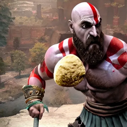 Image similar to kratos the god of war eating a double scoop ice cream