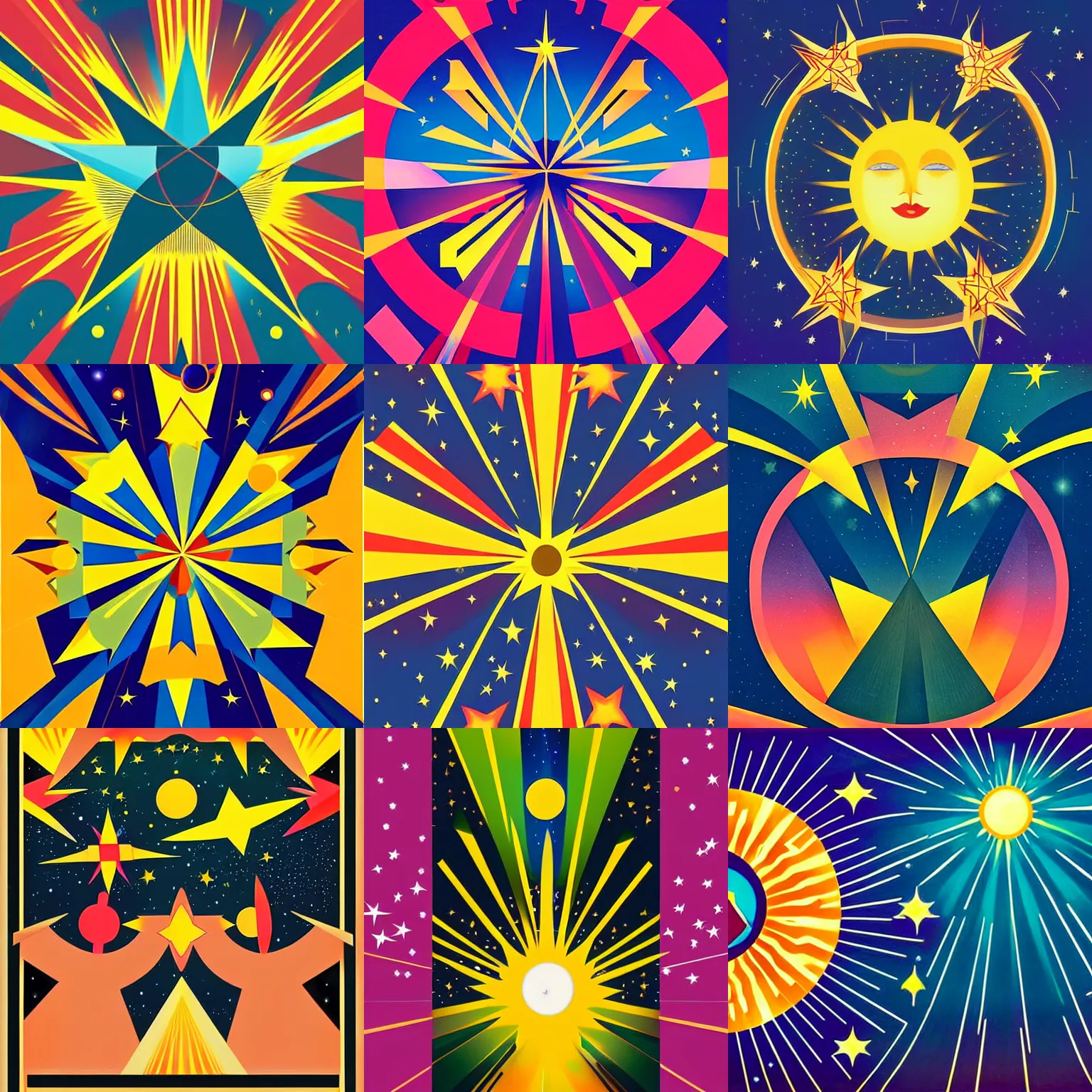 Prompt: an art deco painting of stars hanging from a ceiling, half opened eyes, suns, vector art by Mary Blair, behance contest winner, space art, concert poster, tarot card