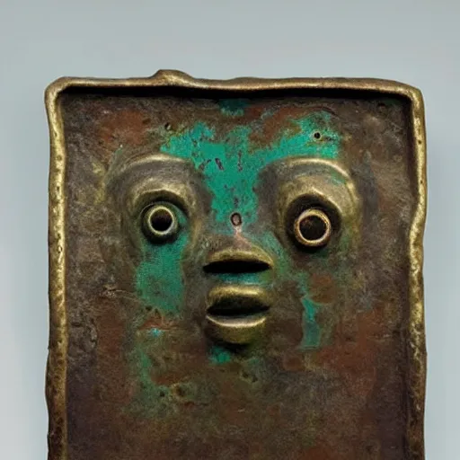 Image similar to a martian artifact in a museum with a placard, bronze, old, alien, verdigris, mechanical