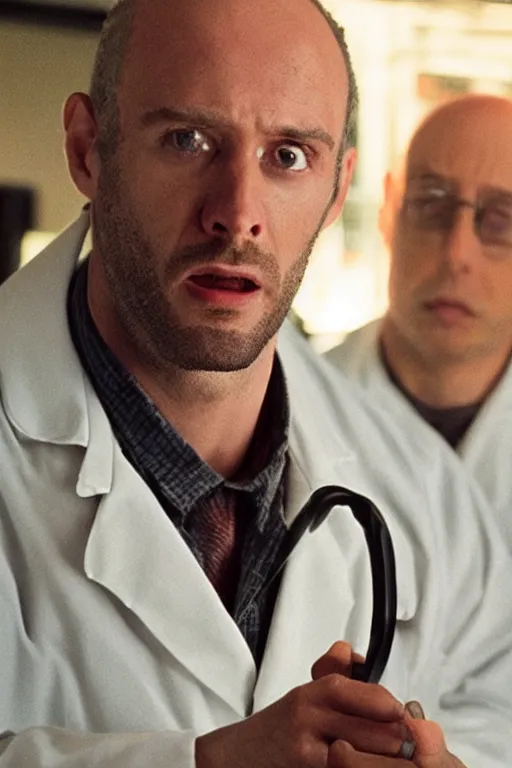 Image similar to an awkwardly tall mad scientist with a balding head and unruly hair wearing a labcoat, high resolution film still, movie by Robert Zemeckis and Ivan Reitman