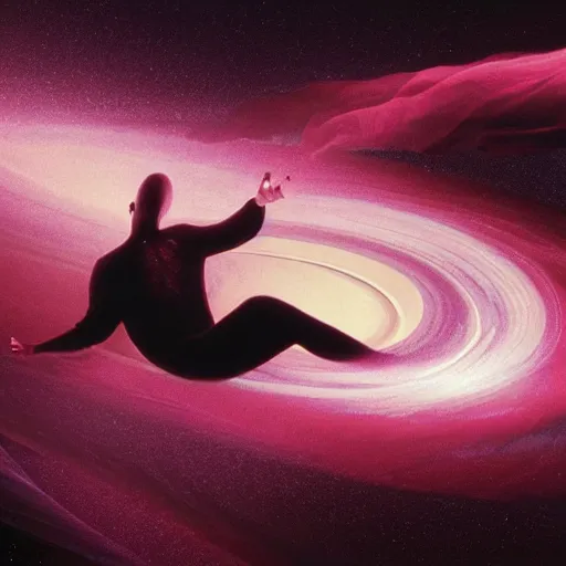 Prompt: spaghettification of a man falling into a black hole, at the event horizon he gets stretched by his feet, elongated like plastic man in an infinite spiral toward the center of the black hole, sharp focus, dynamic, cinematic lighting, highly detailed, galaxy, nebula, artstation, divine, by gauthier leblanc, kazuya takahashi, huifeng huang