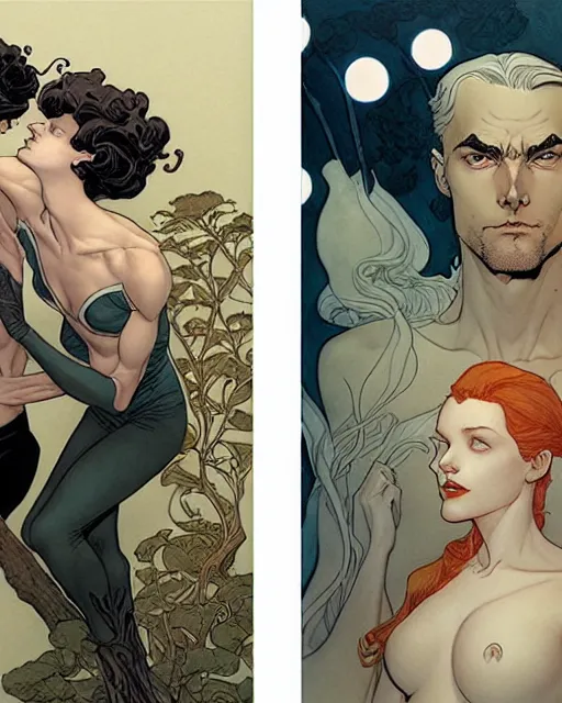 Image similar to a handsome man and a beautiful woman back to back artwork by james jean, Phil noto and rebecca guay